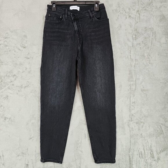 Calvin Klein Mom Jeans Womens Size 30 Black Crossover Button Embroidered Logo - Picture 1 of 10